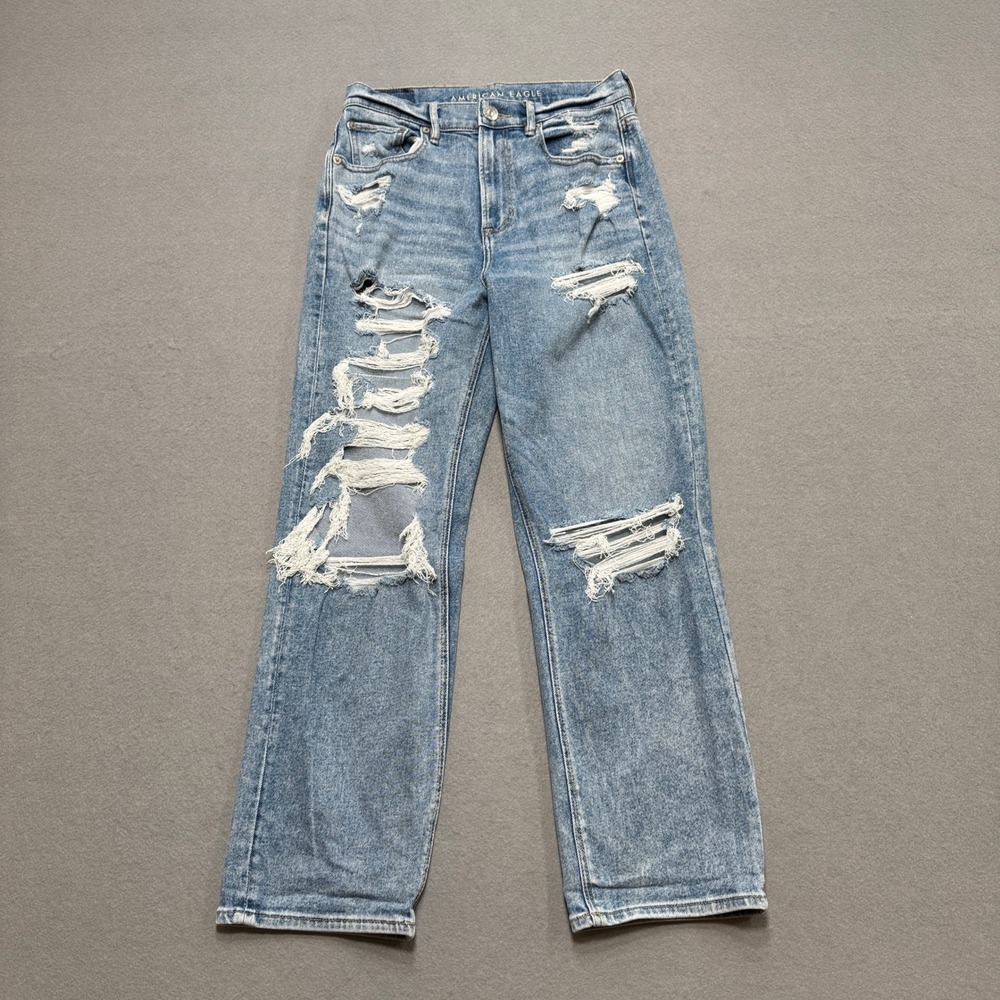 American Eagle Jeans Women's 8 Blue‎ Straight Leg High Rise Stretch Distressed